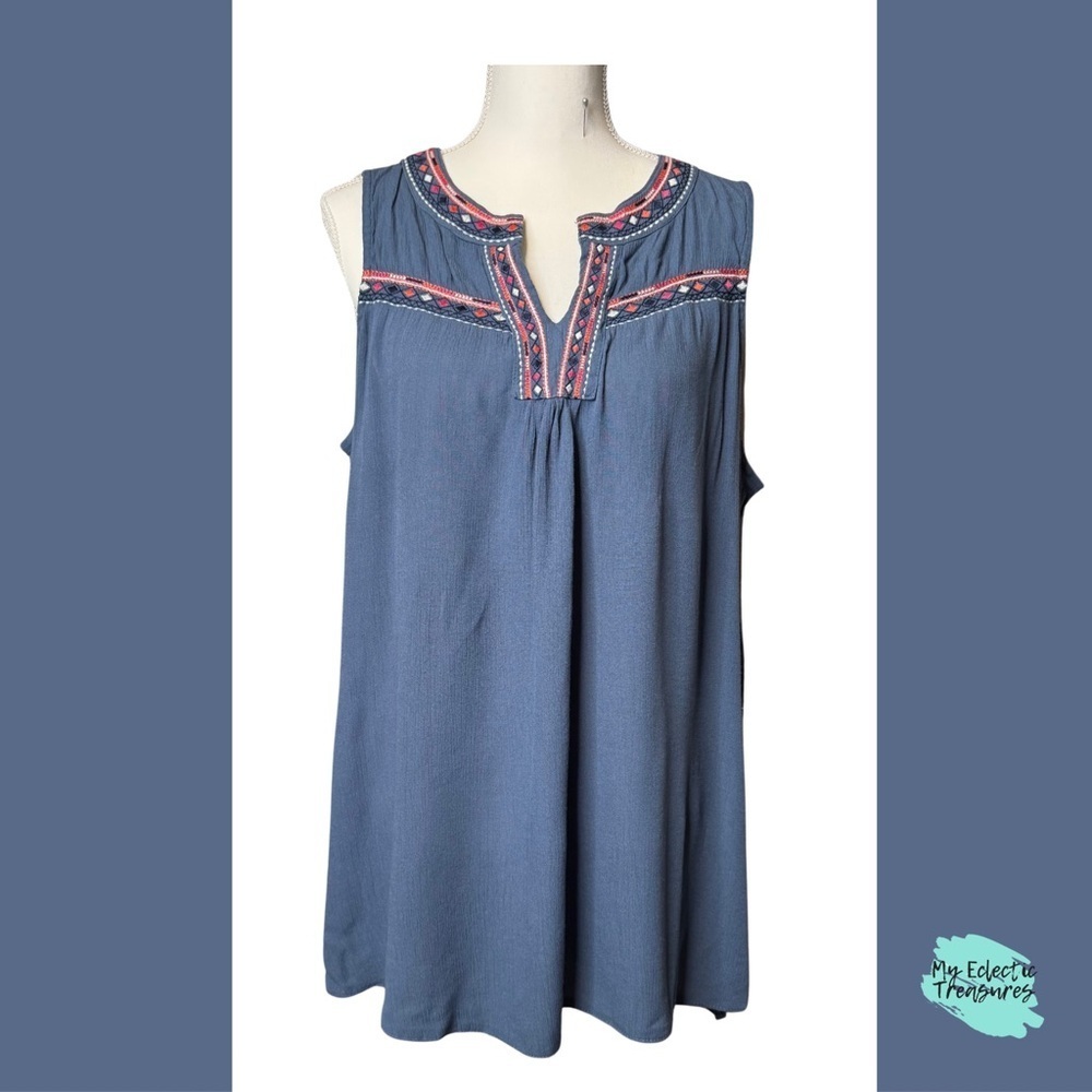Terra & Sky Blue Sleeveless Embroidered Tunic Size 14W